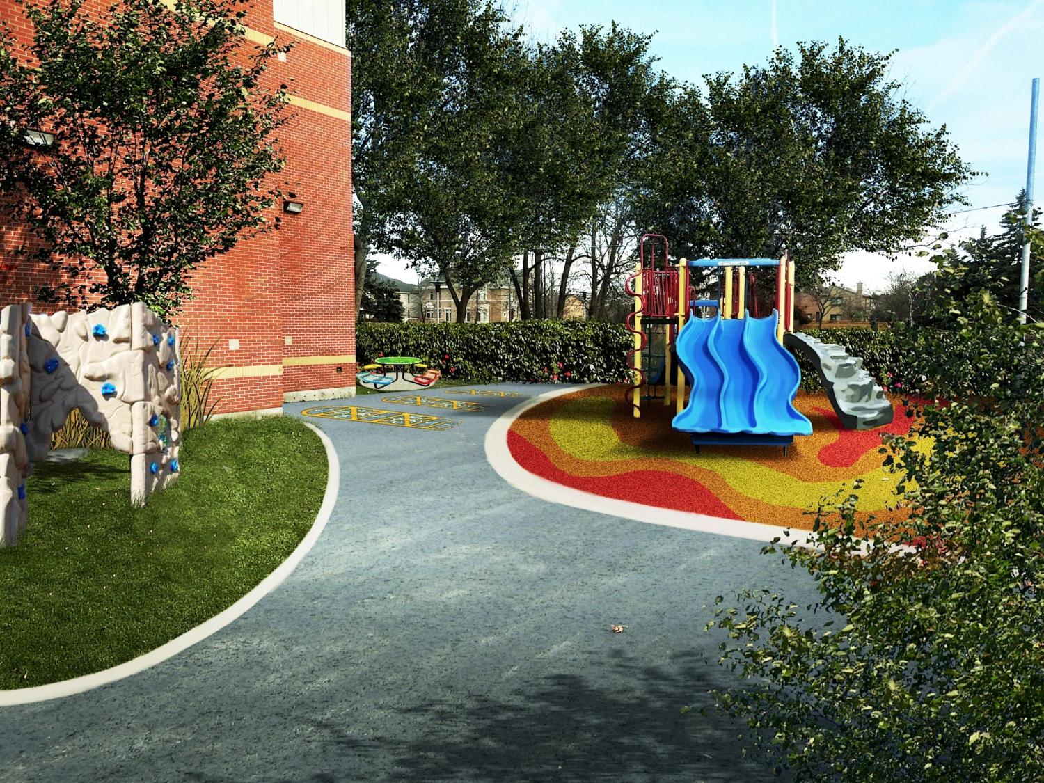 Colorful school or daycare playground with safety turf surfacing, play structures, slides, and child-friendly outdoor recreational design.