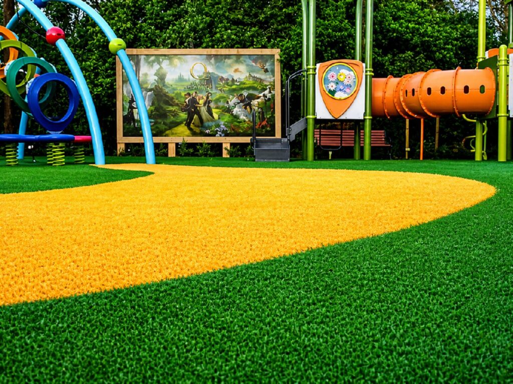 Colorful children’s playground with safety artificial turf surface, play equipment, and durable recreational landscaping for active outdoor play.